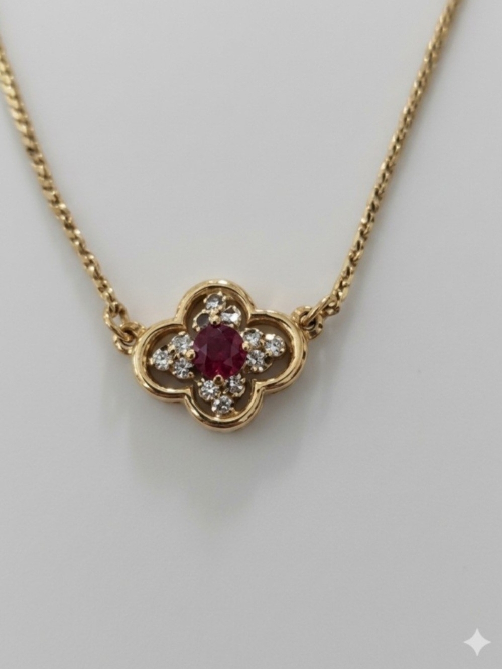 Signed Crown Trifari Gold Tone Red Cabochon Clover Flower necklace  1940s